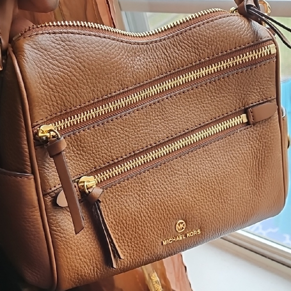 Michael Kors Tan Leather Shoulder Bag with Gold Zippers